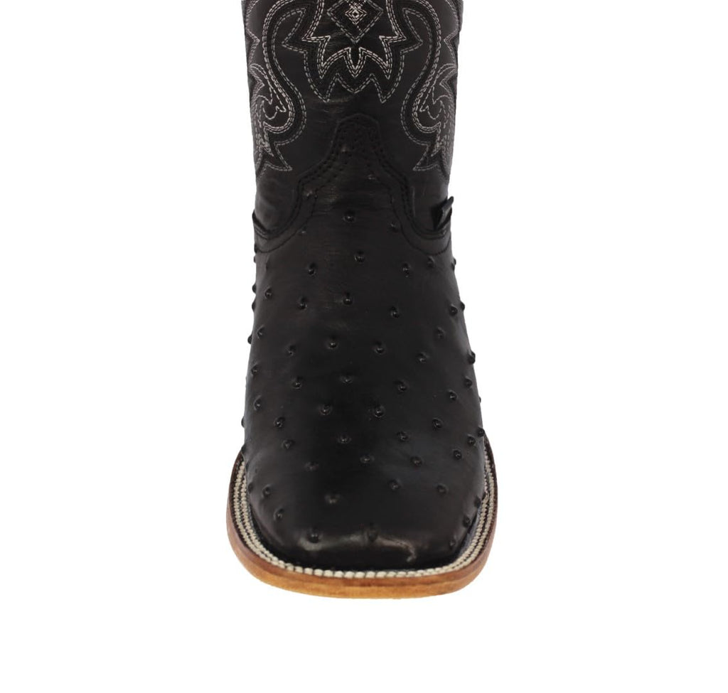 Black Ostrich Quill Print Leather Square Toe Cowboy Boots D93581