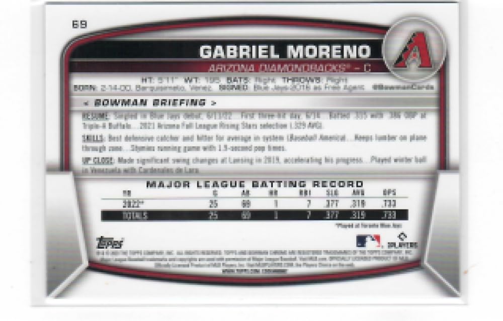 2023 Bowman Chrome Mega Box Mojo Refractor Blue #69 Gabriel Moreno RC Rookie Card /150 Arizona Diamondbacks Baseball NM-MT W64975