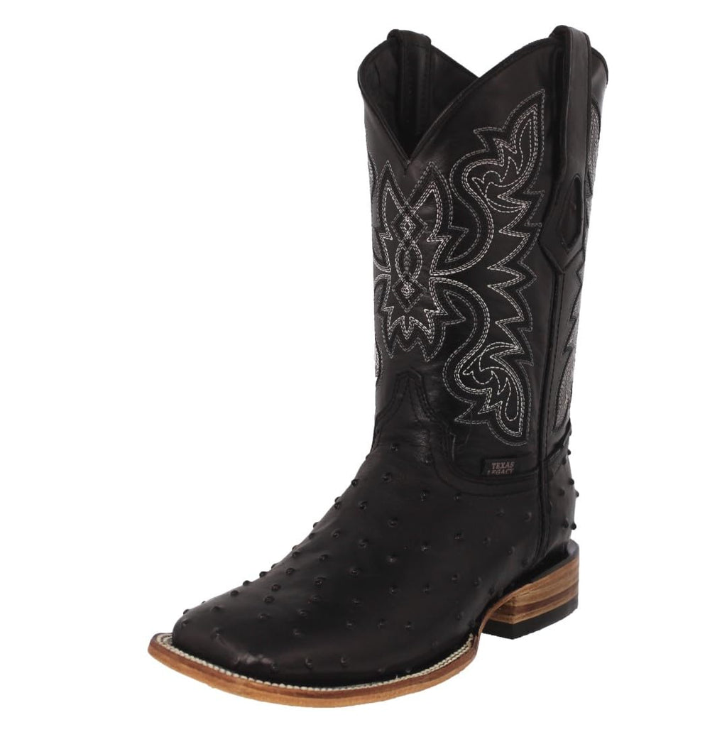 Black Ostrich Quill Print Leather Square Toe Cowboy Boots D93581