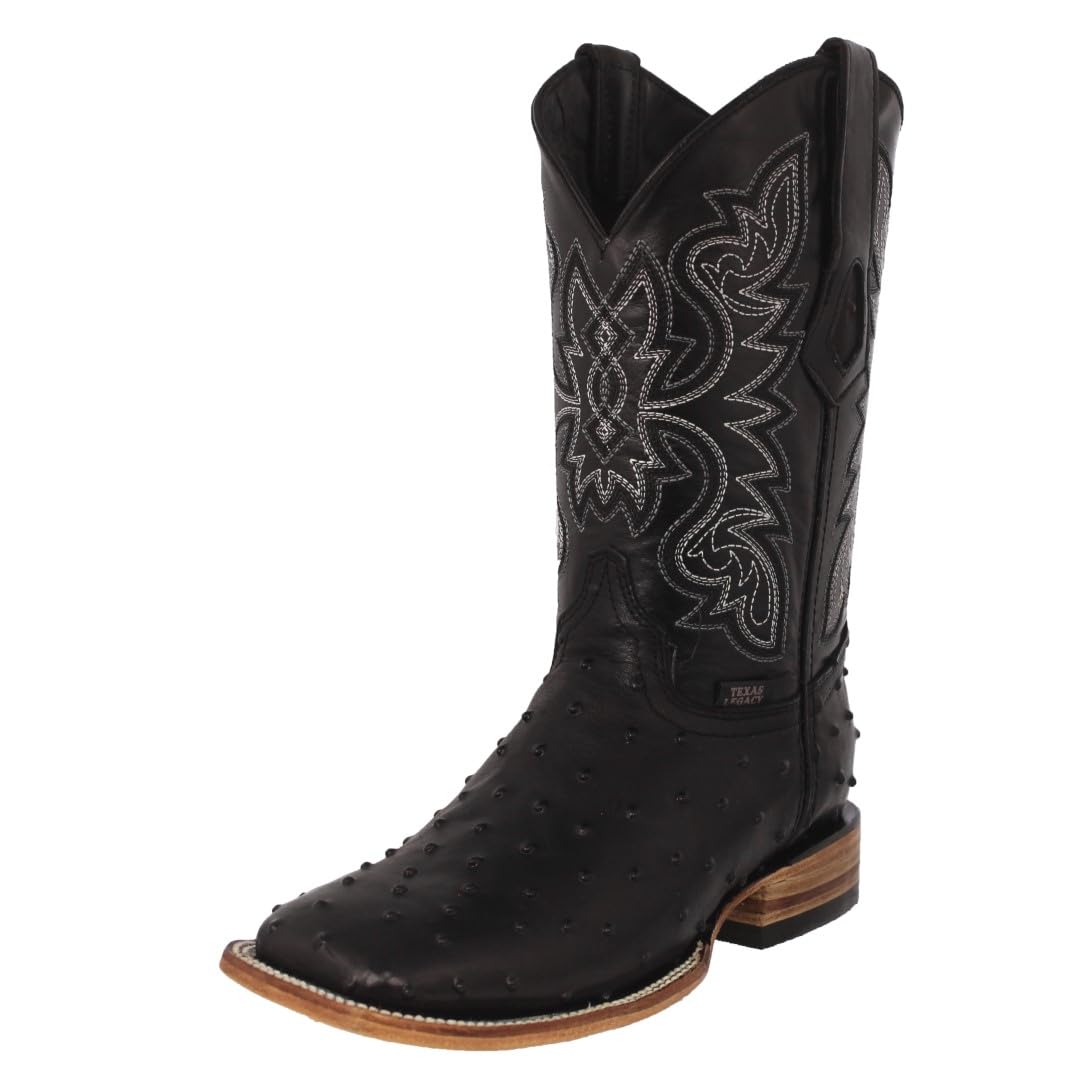 Black Ostrich Quill Print Leather Square Toe Cowboy Boots D93581