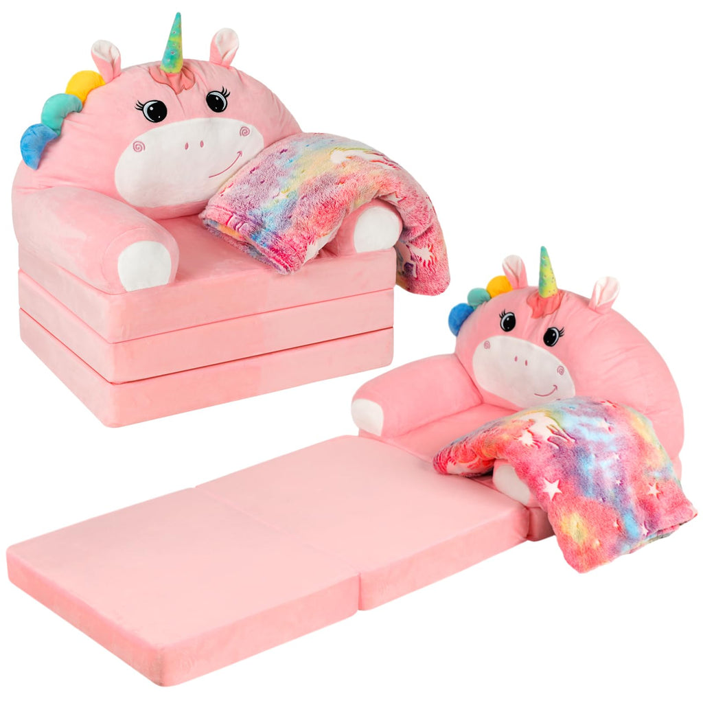 2-in-1 Fold Out Kids Sofa with Flannel Blanket S79743