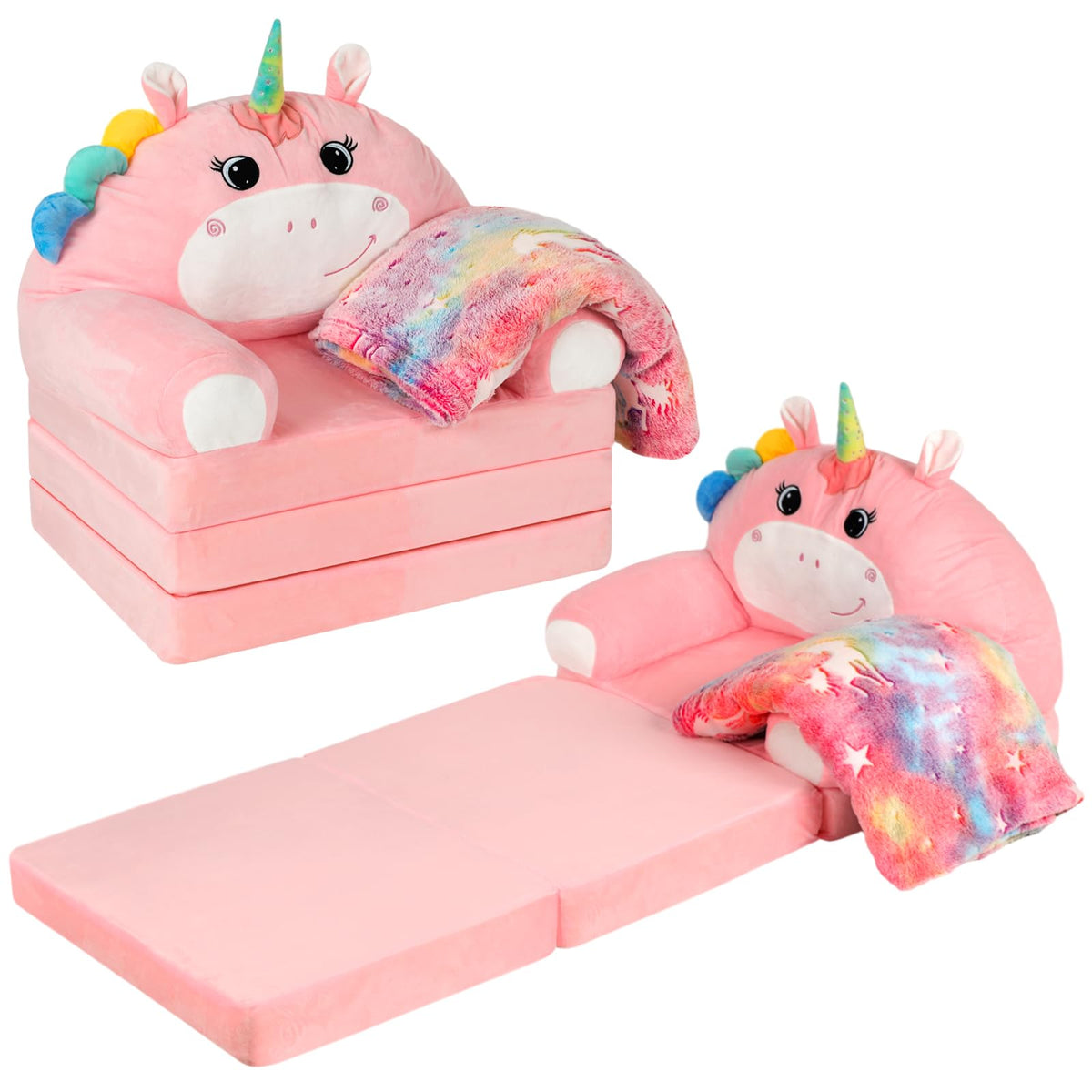 2-in-1 Fold Out Kids Sofa with Flannel Blanket S79743