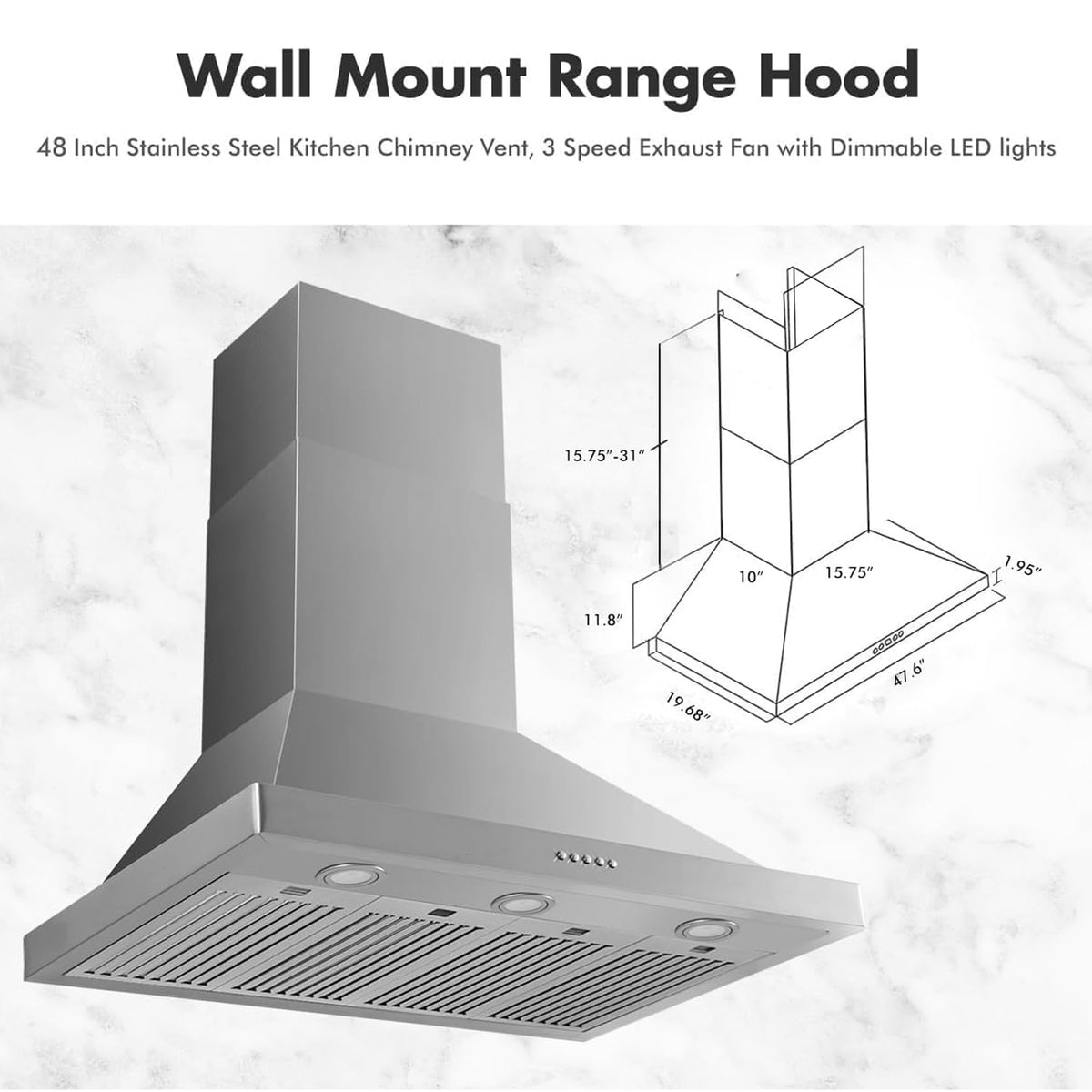 48 inch 800CFM Stainless Steel Wall Mount Range Hood X5276