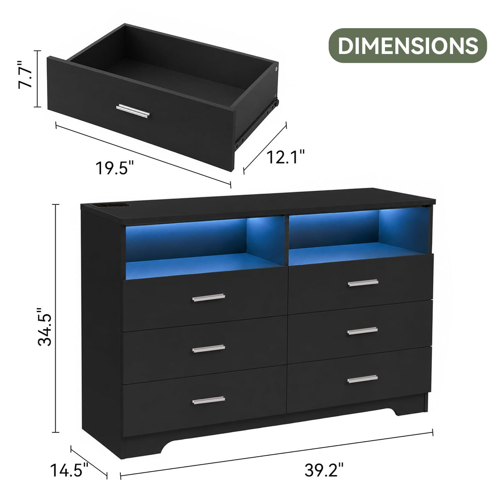 Black 6 Drawer Wood Dresser with Power Outlets H6231
