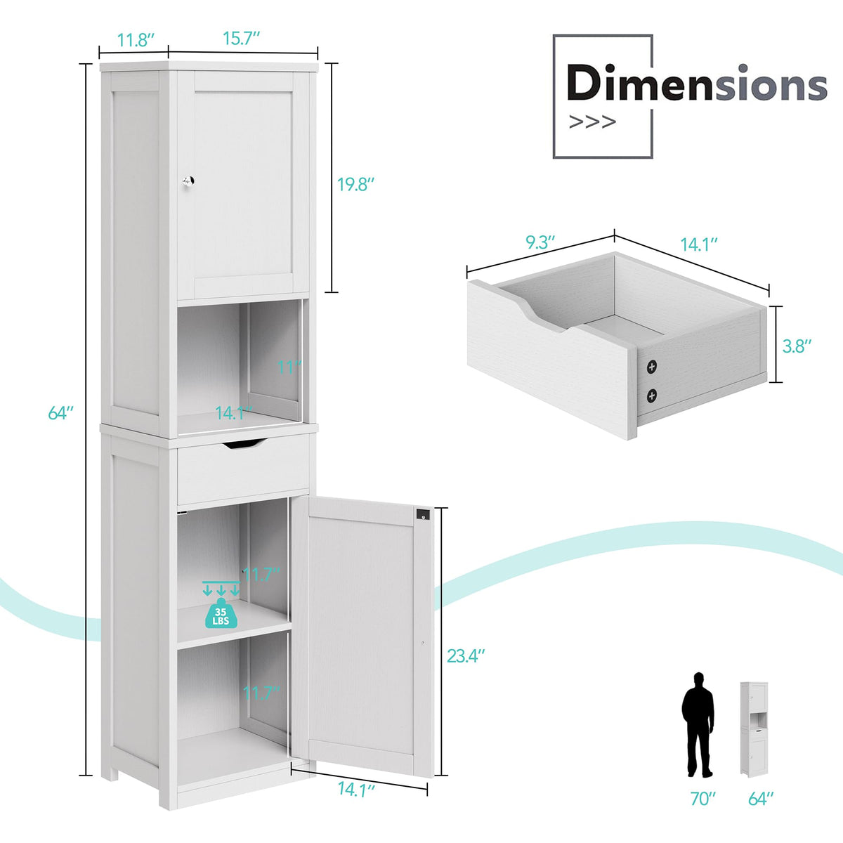 Tall Narrow Bathroom Storage Cabinet with Adjustable Shelves, White L243683