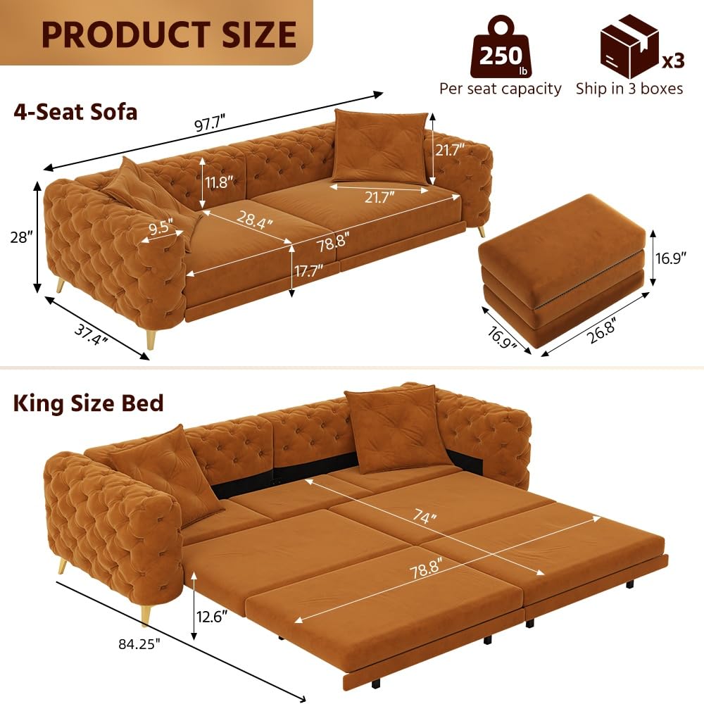 Velvet Pull Out Sofa Bed King with Ottoman P1419