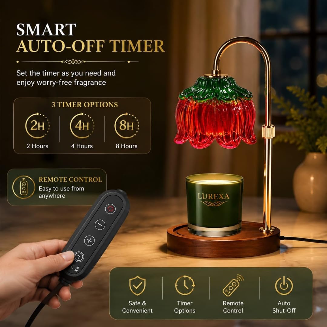 Adjustable Height Candle Warmer Lamp with Timer & Dimmer, Glass Lotus Wax Warmer, 2 GU10 50W Bulbs, Wooden Base T94050