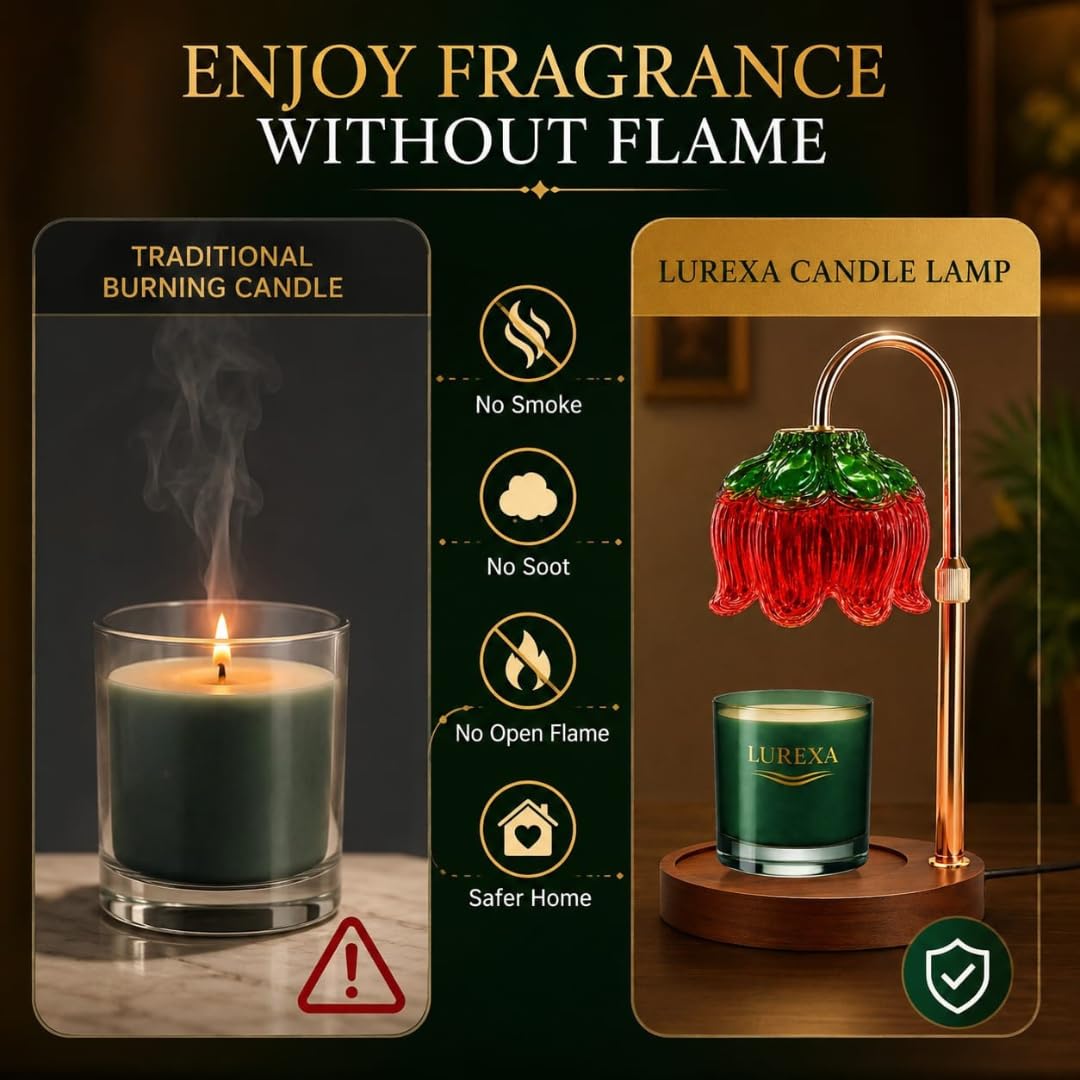 Adjustable Height Candle Warmer Lamp with Timer & Dimmer, Glass Lotus Wax Warmer, 2 GU10 50W Bulbs, Wooden Base T94050