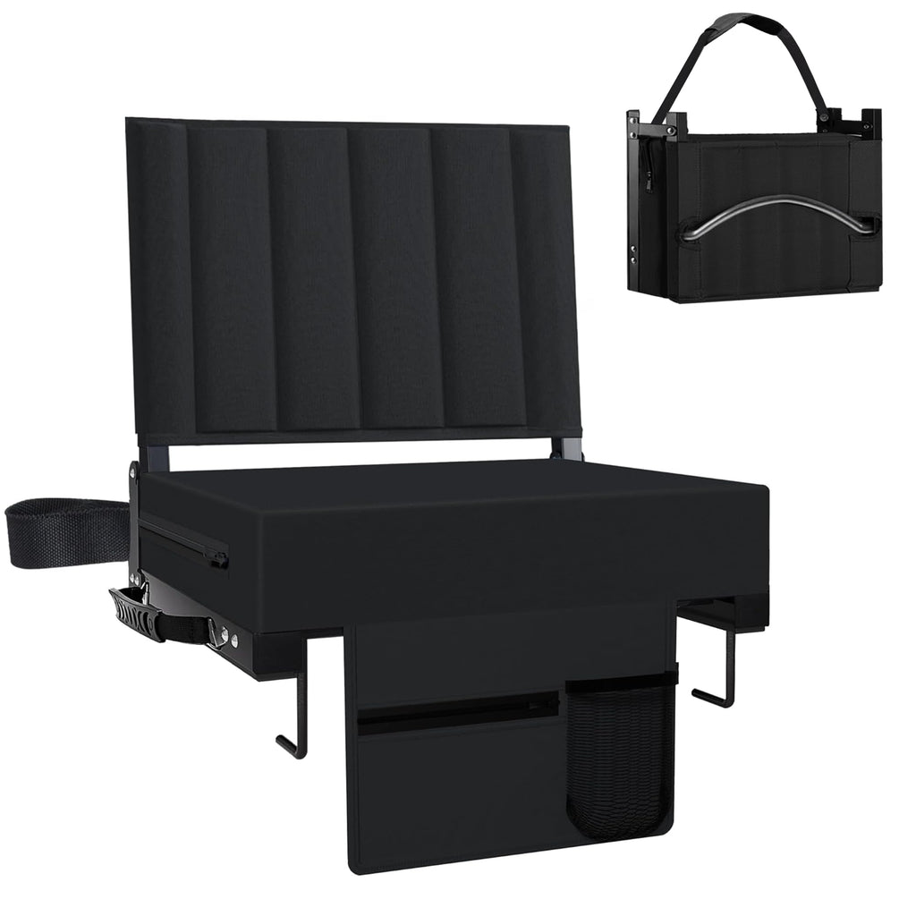 Black Padded Portable Folding Stadium Seat with Back Support and Cup Holder Y4341