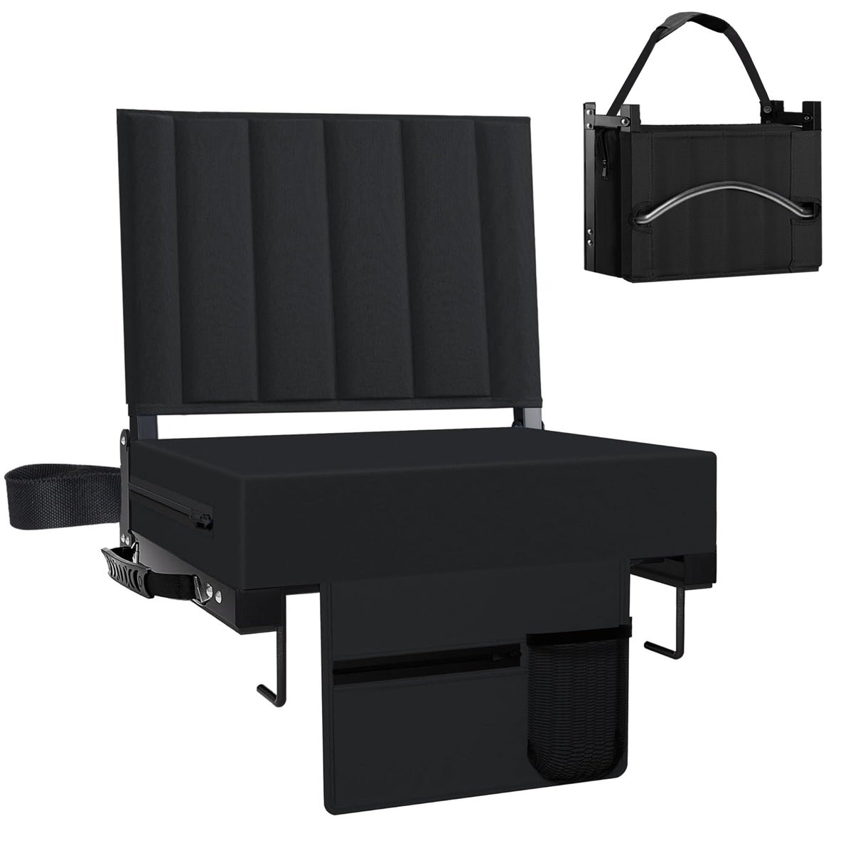 Black Padded Portable Folding Stadium Seat with Back Support and Cup Holder Y4341