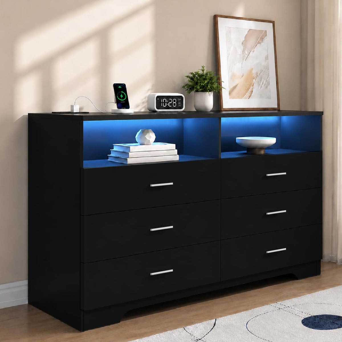 Black 6 Drawer Wood Dresser with Power Outlets H6231