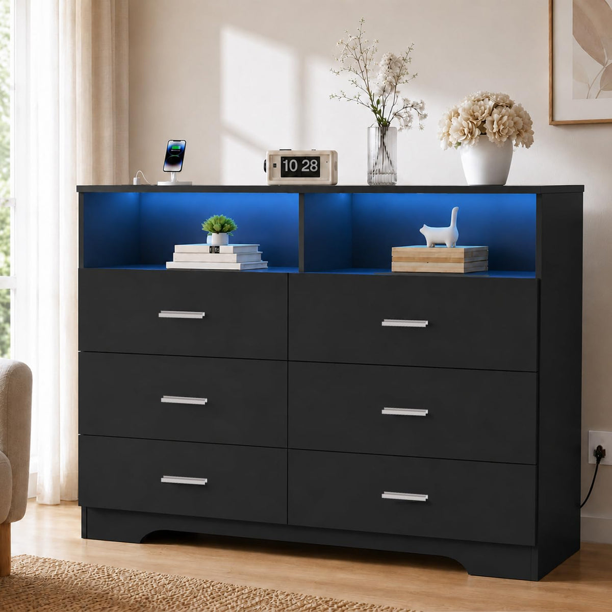 Black 6 Drawer Wood Dresser with Power Outlets H6231