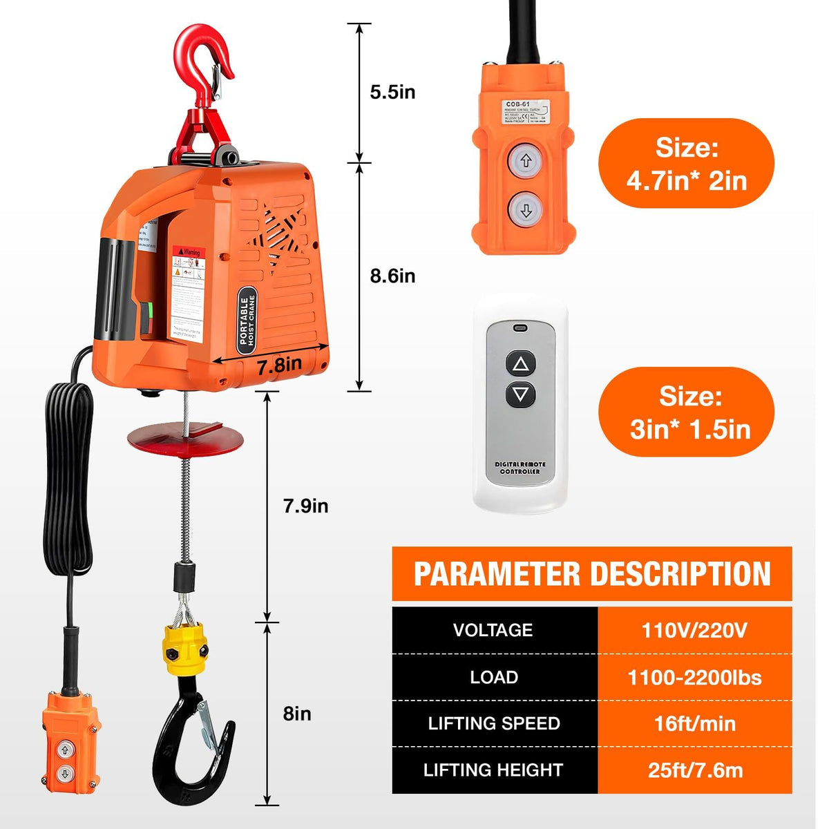 3 in 1 Electric Hoist Winch 2200 lbs 110/120V 25ft J9313