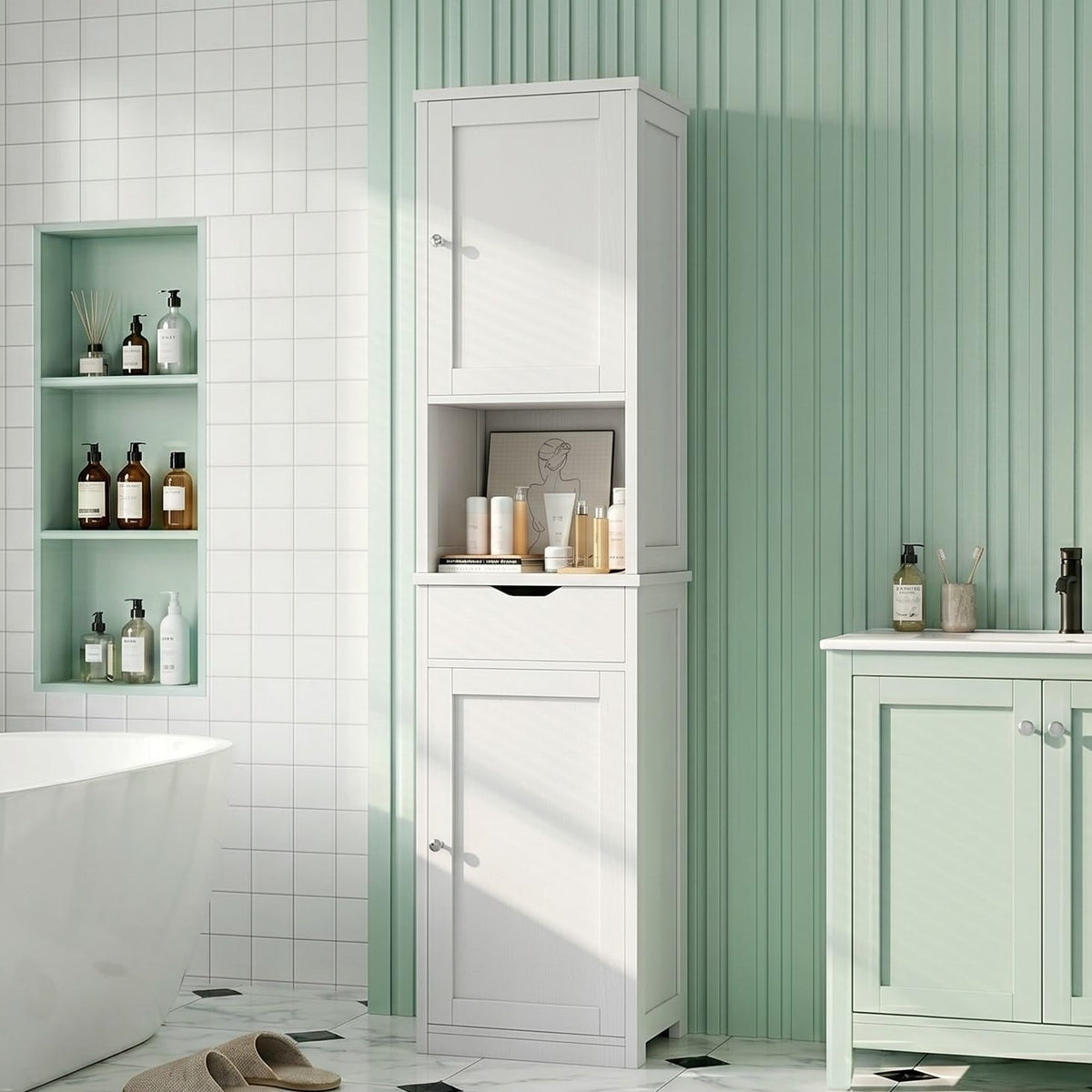 Tall Narrow Bathroom Storage Cabinet with Adjustable Shelves, White L243683