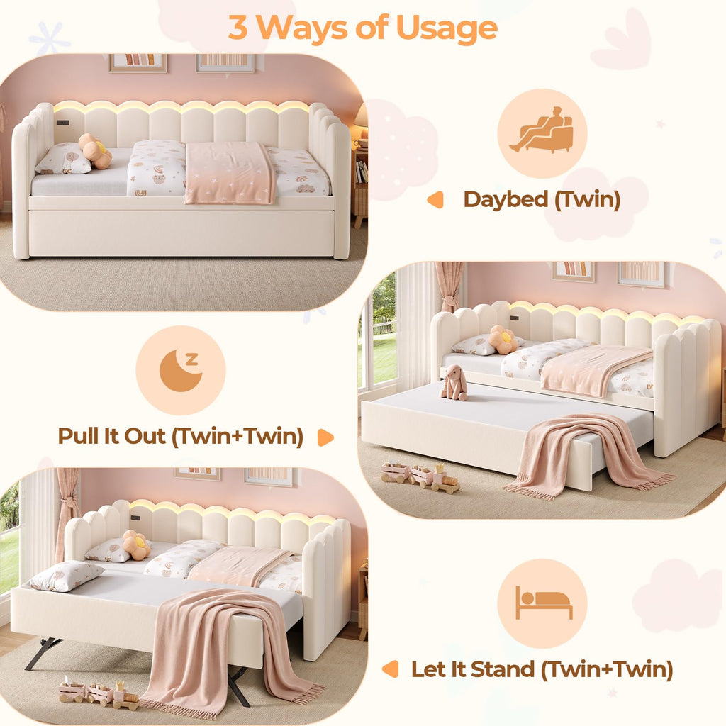 Beige Twin Velvet Upholstered Daybed with Pop Up Trundle T232