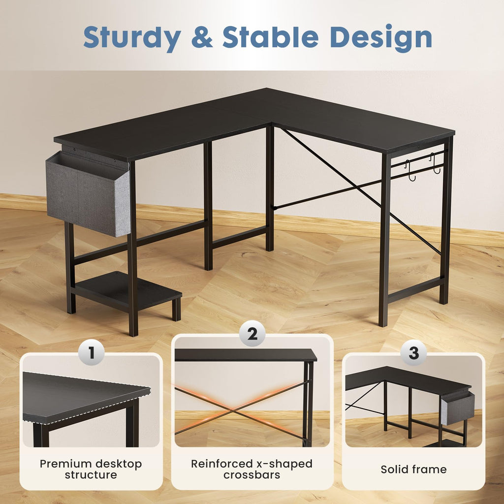 L Shaped Computer Corner Desk with PC Stand, Black W93659