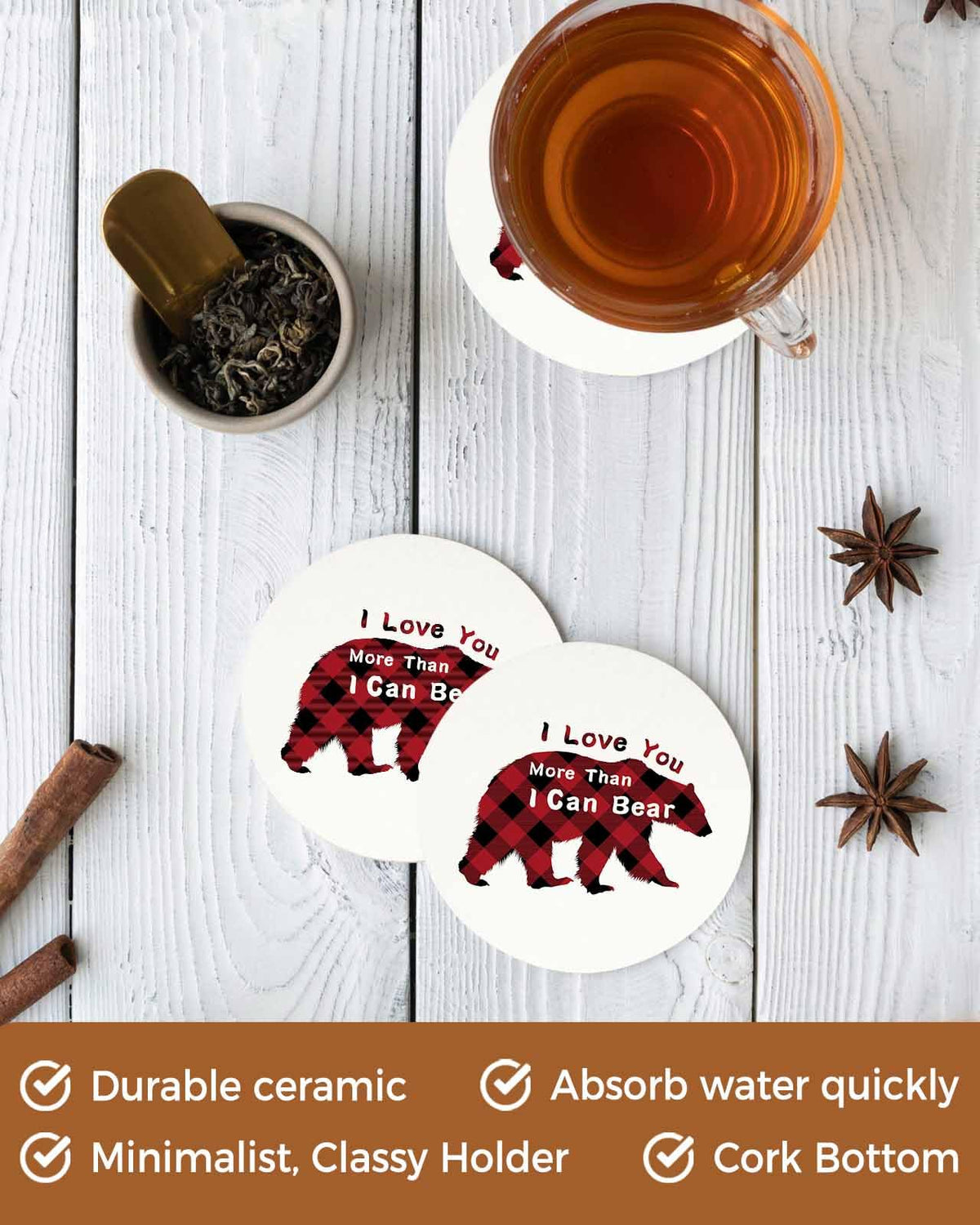 Christmas Bear Ceramic Coasters Set of 6 with Holder X314