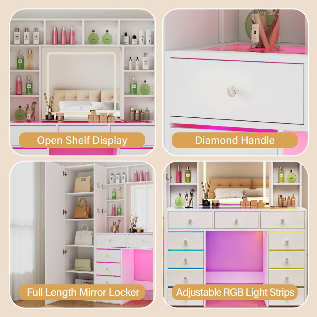 Vanity Desk with LED Mirror, 11 Drawers A94578