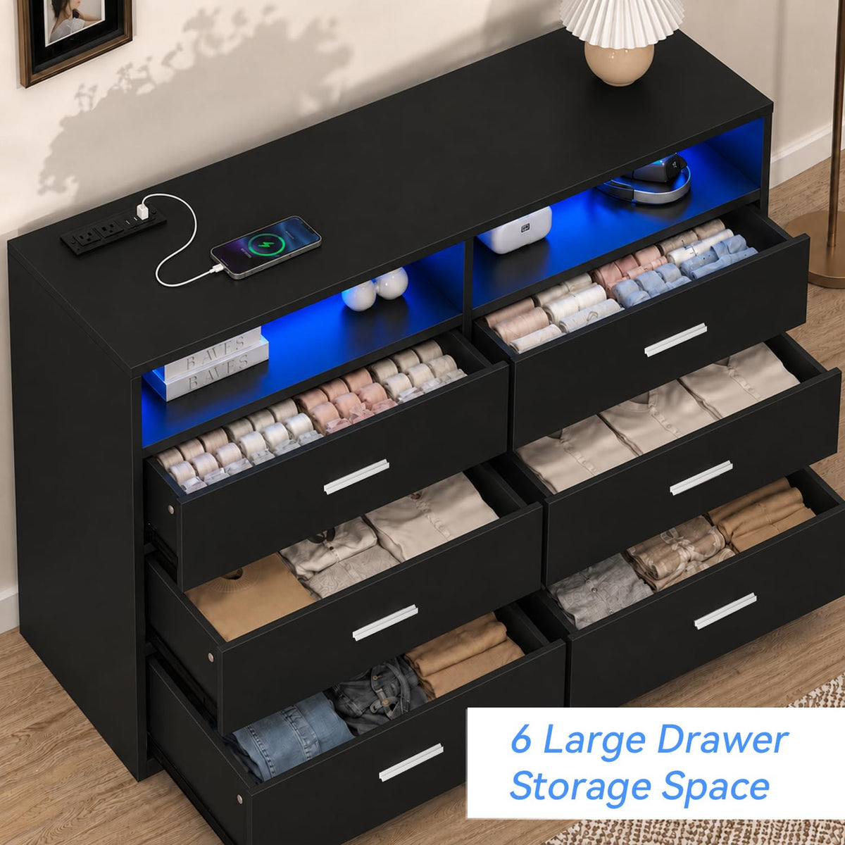 Black 6 Drawer Wood Dresser with Power Outlets H6231