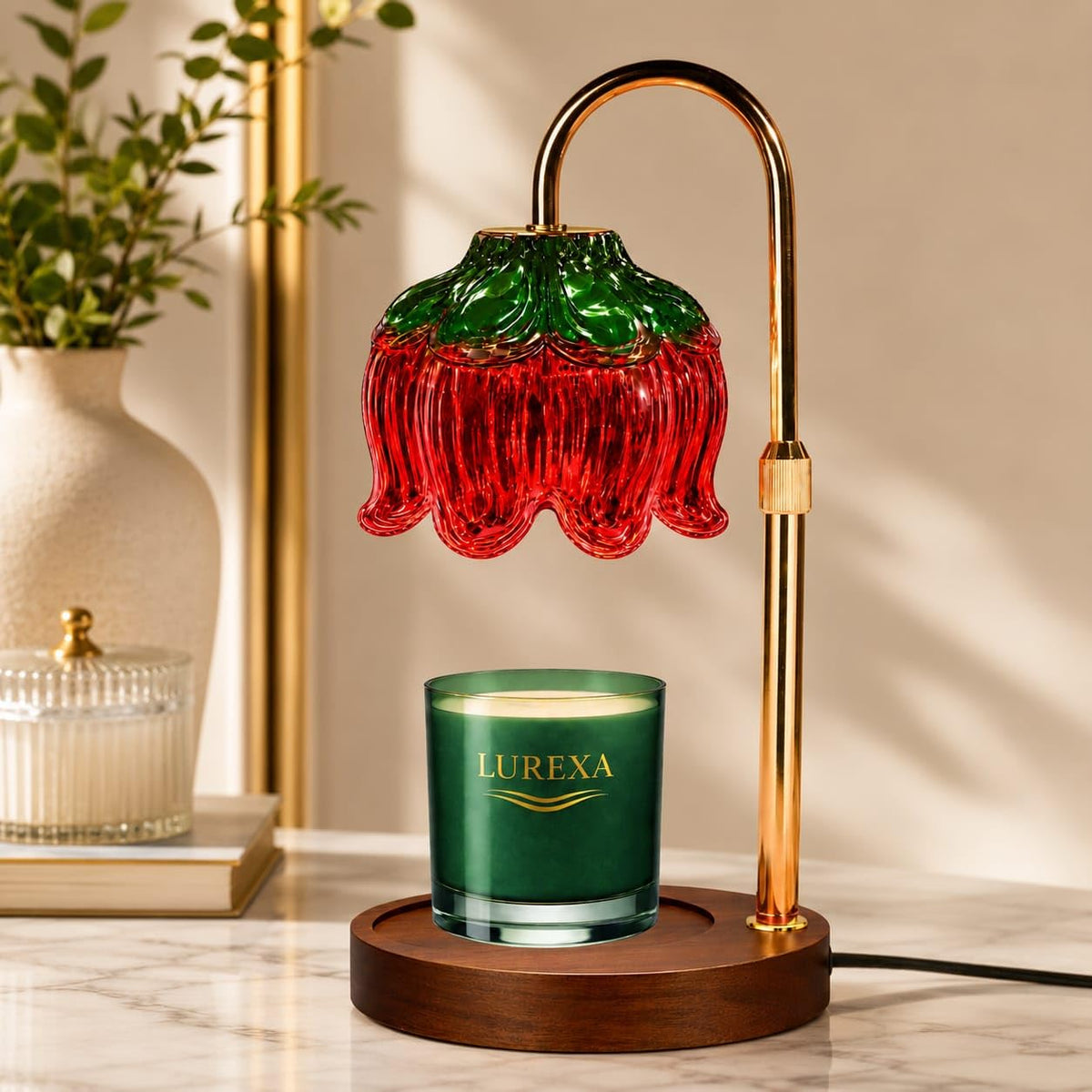 Adjustable Height Candle Warmer Lamp with Timer & Dimmer, Glass Lotus Wax Warmer, 2 GU10 50W Bulbs, Wooden Base T94050