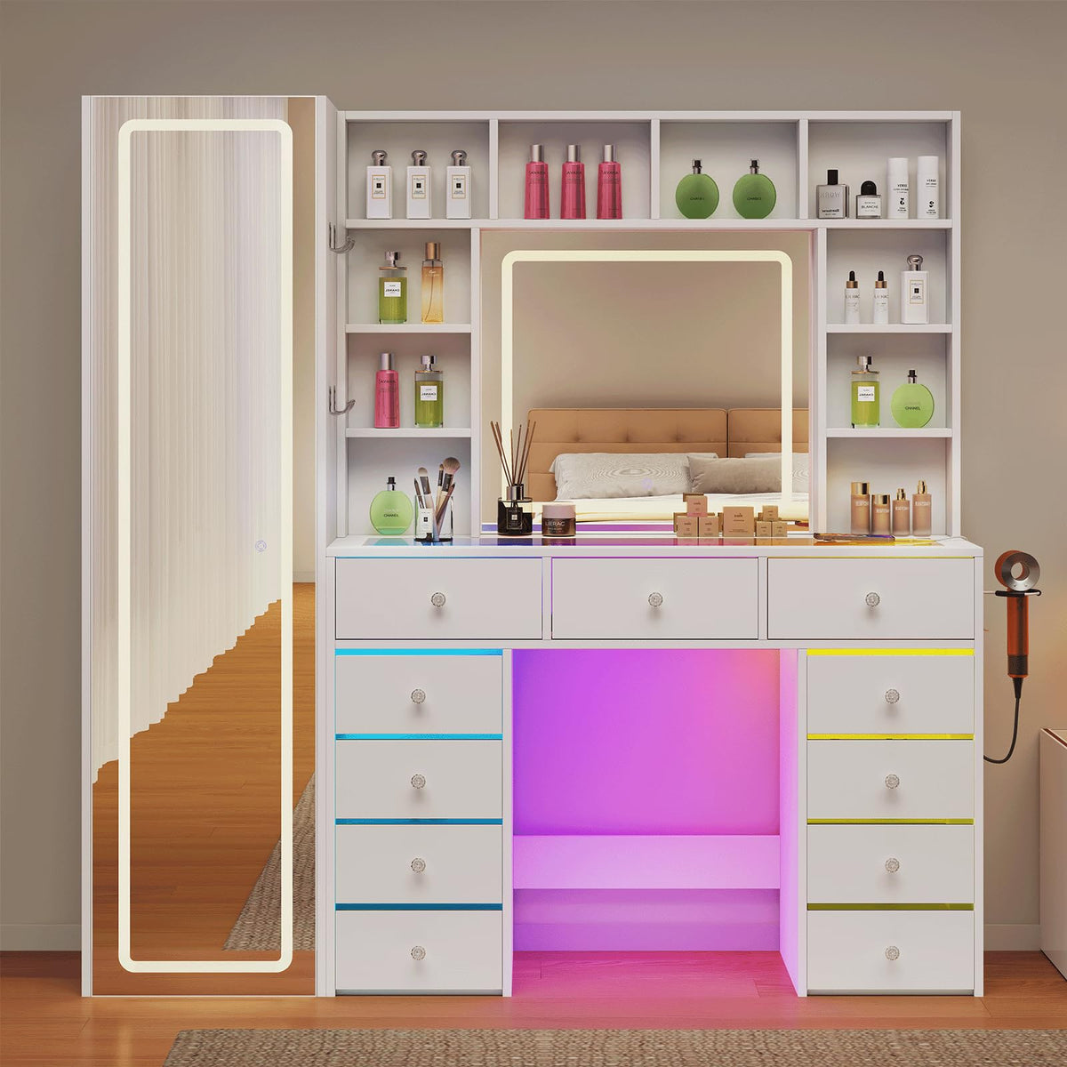 Vanity Desk with LED Mirror, 11 Drawers A94578