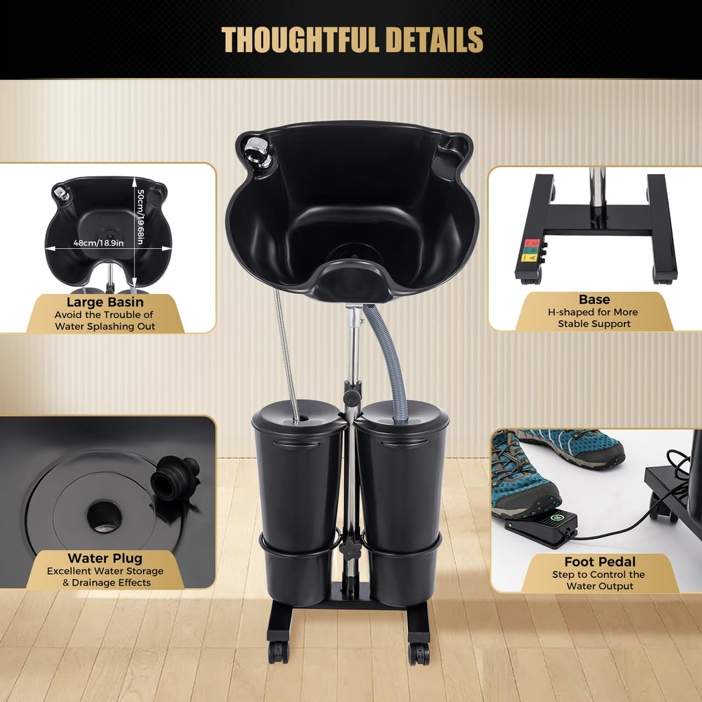 Portable Shampoo Bowl with Electric Pump, Adjustable Height Hair Washing Station with 2 Bucket X413