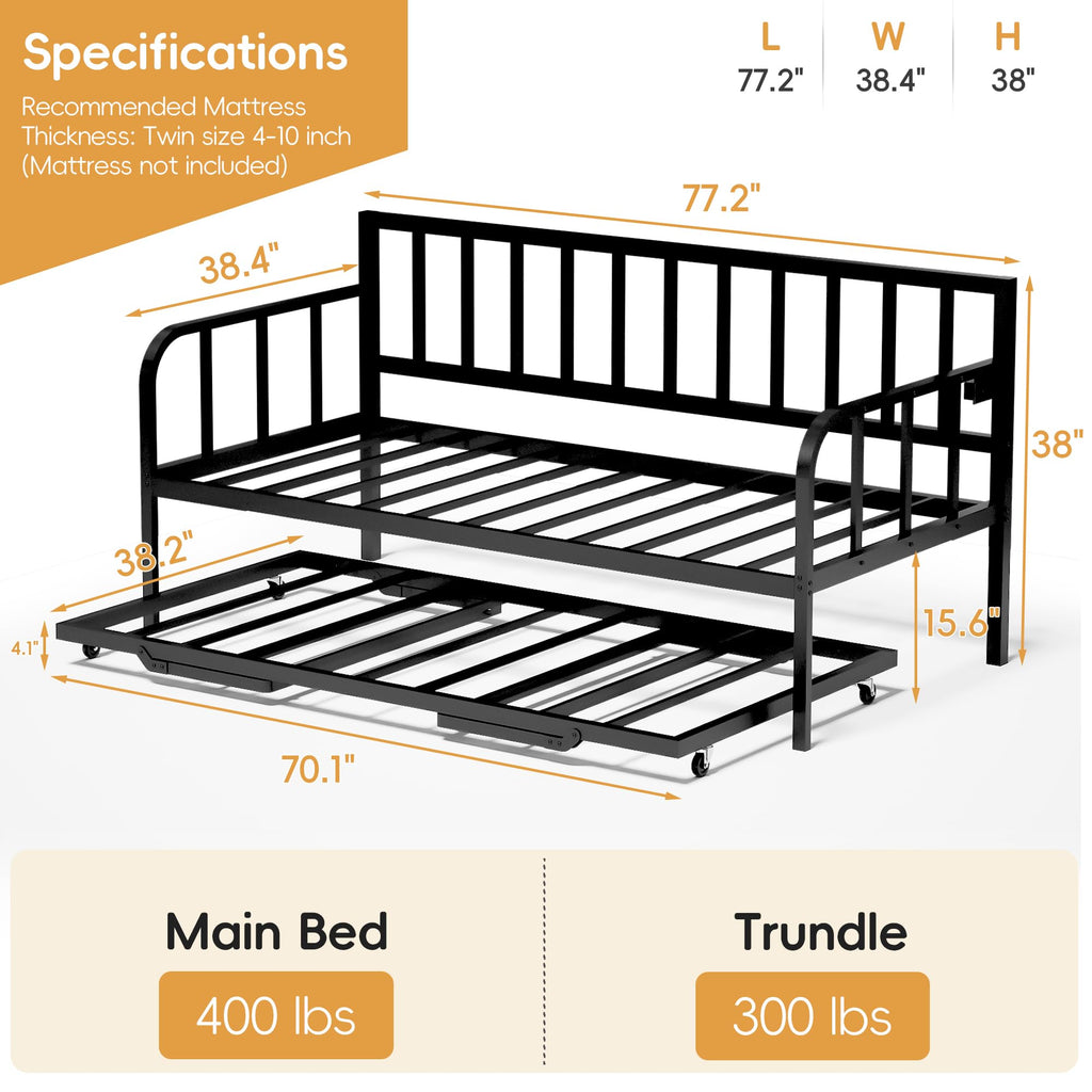 Black Twin to King Metal Daybed with Pop Up Trundle E472682