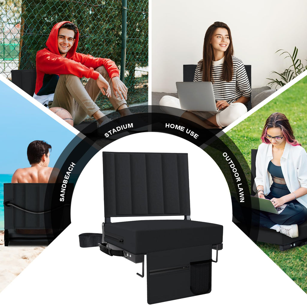 Black Padded Portable Folding Stadium Seat with Back Support and Cup Holder Y4341