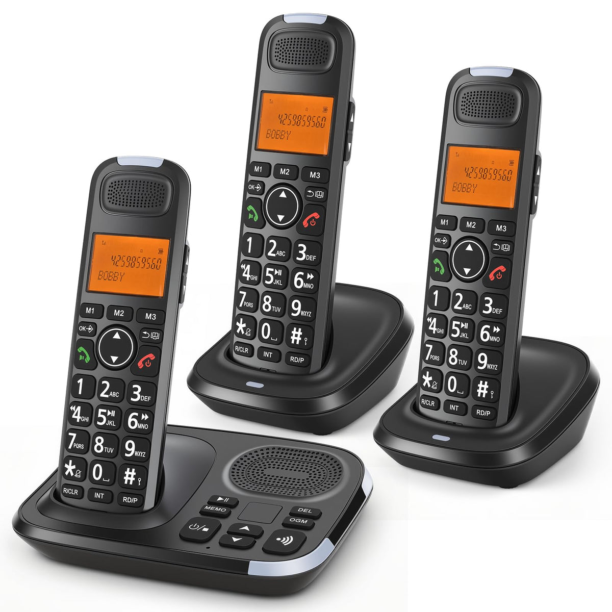 Black Cordless Phone System with Answering Machine, 3 Handsets C7163