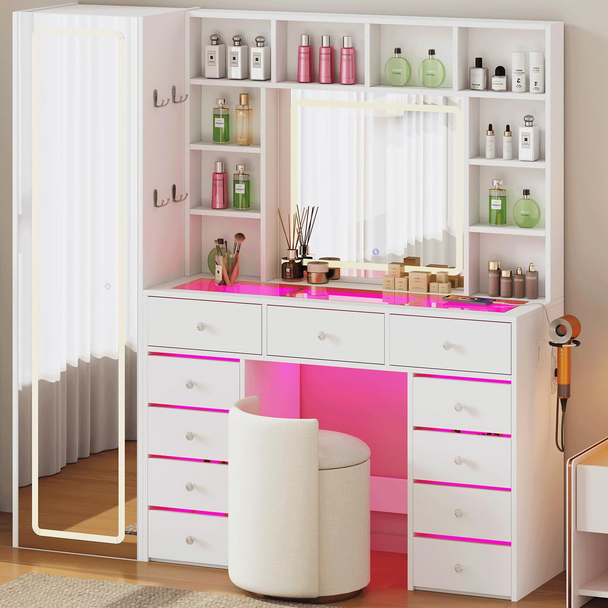 Vanity Desk with LED Mirror, 11 Drawers A94578