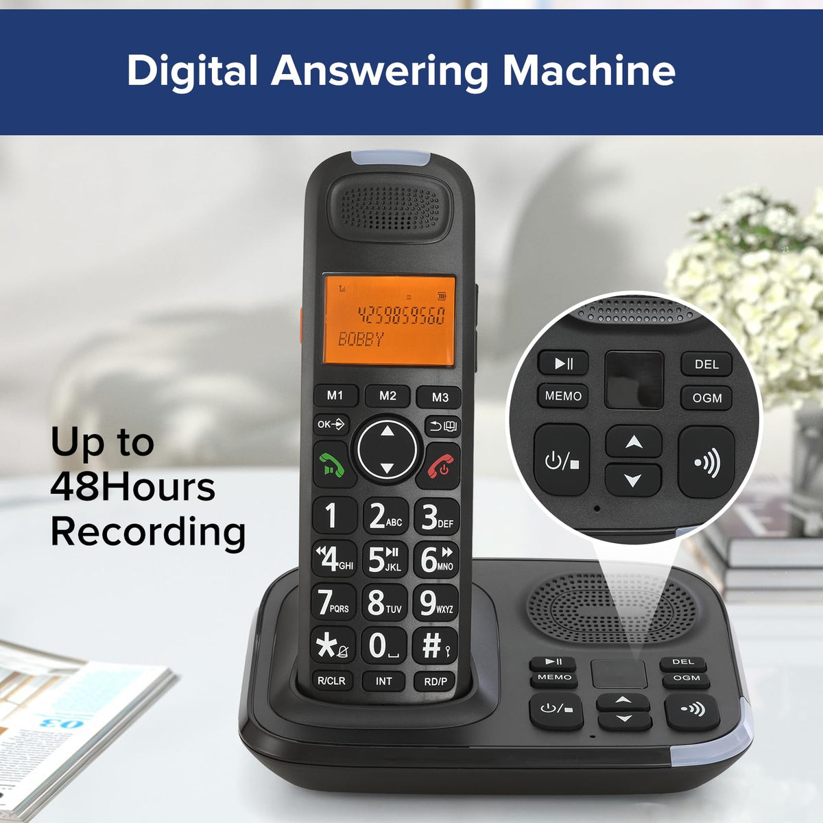 Black Cordless Phone System with Answering Machine, 3 Handsets C7163