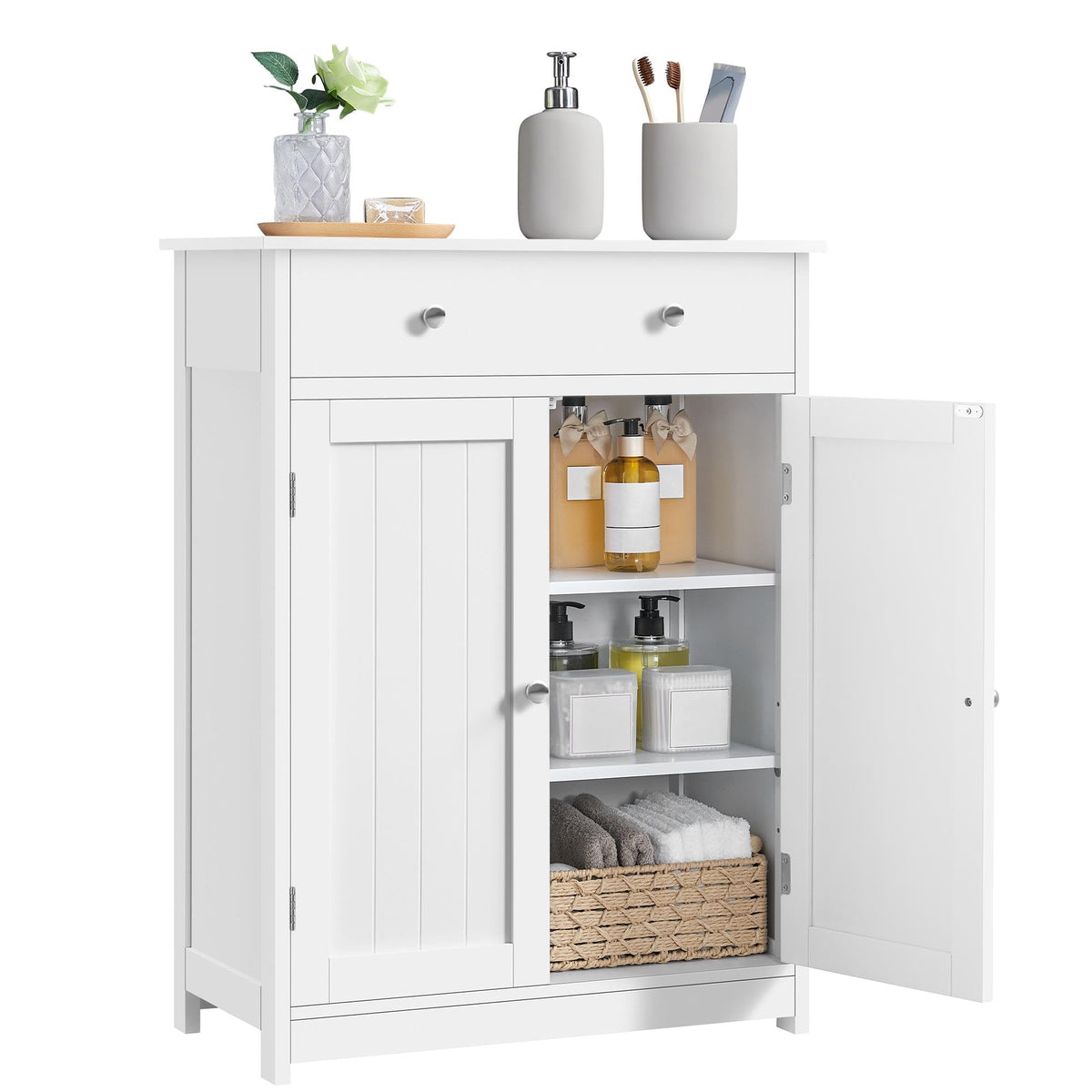 White Bathroom Storage Cabinet with Drawer and 2 Doors W99107