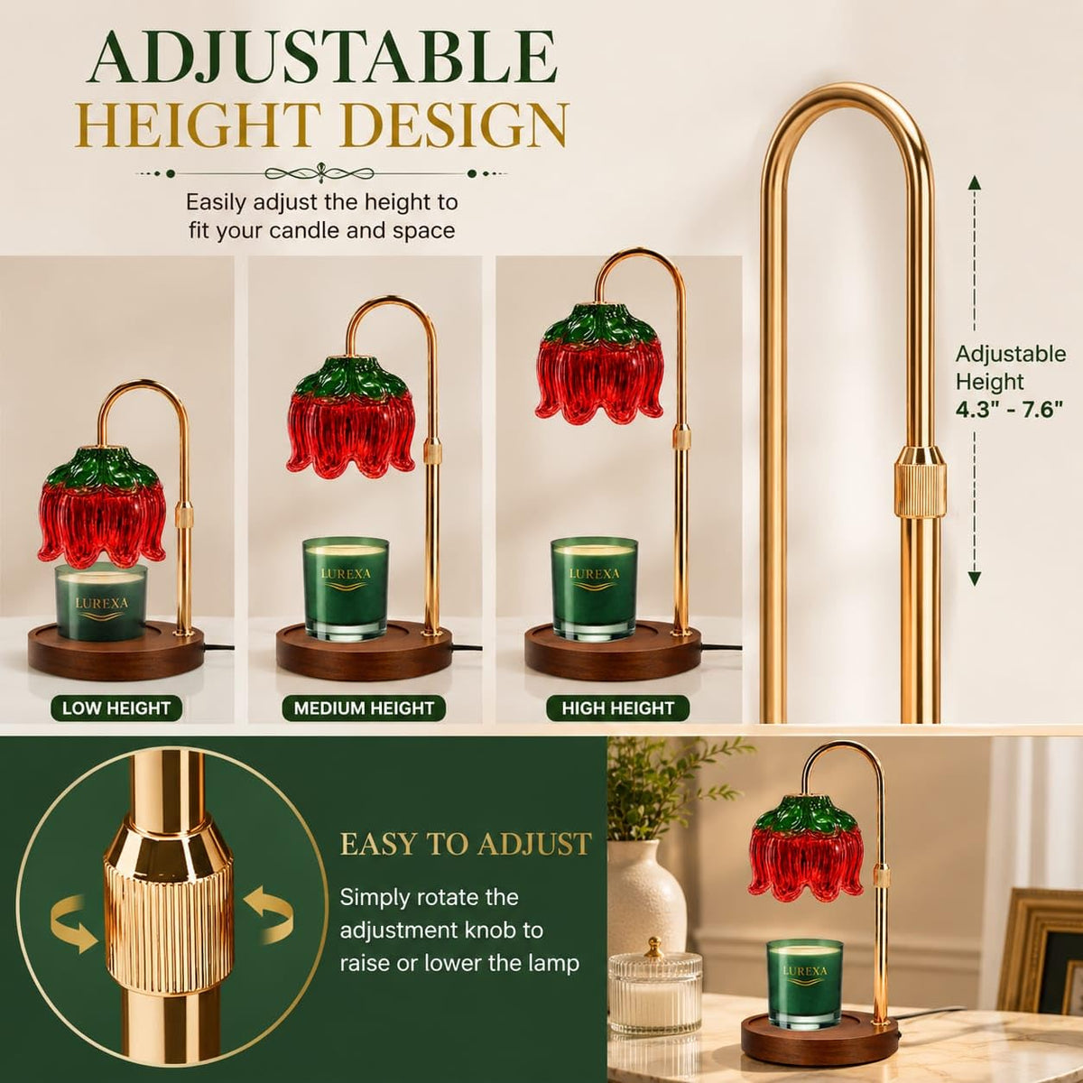 Adjustable Height Candle Warmer Lamp with Timer & Dimmer, Glass Lotus Wax Warmer, 2 GU10 50W Bulbs, Wooden Base T94050