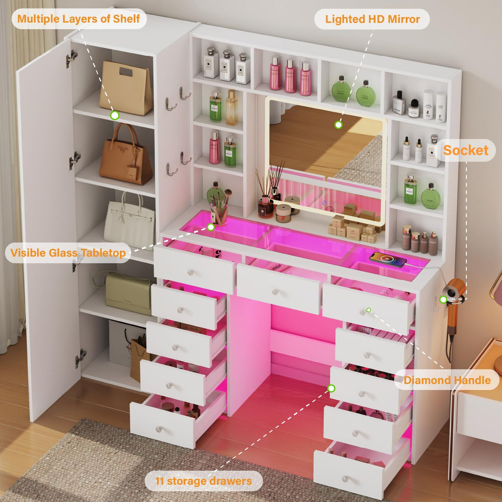 Vanity Desk with LED Mirror, 11 Drawers A94578