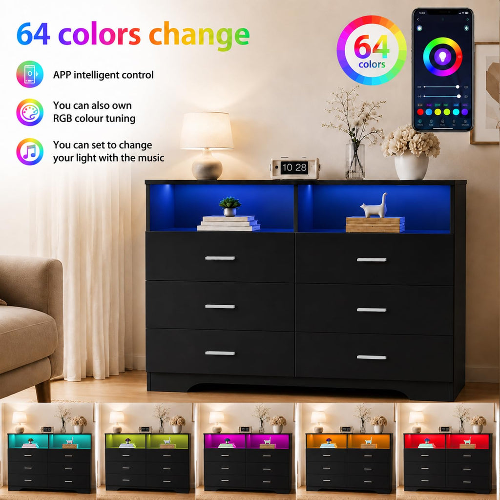 Black 6 Drawer Wood Dresser with Power Outlets H6231