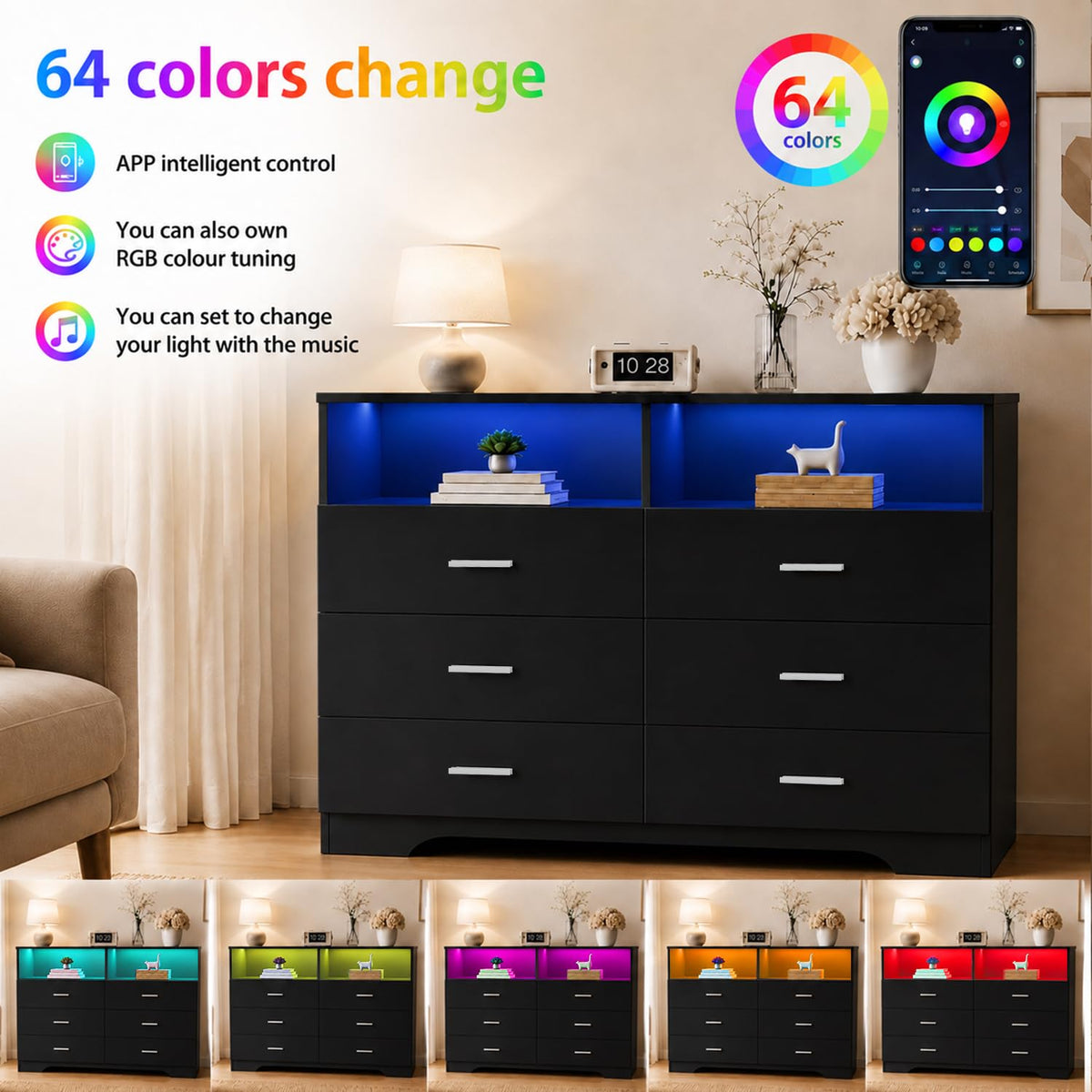 Black 6 Drawer Wood Dresser with Power Outlets H6231