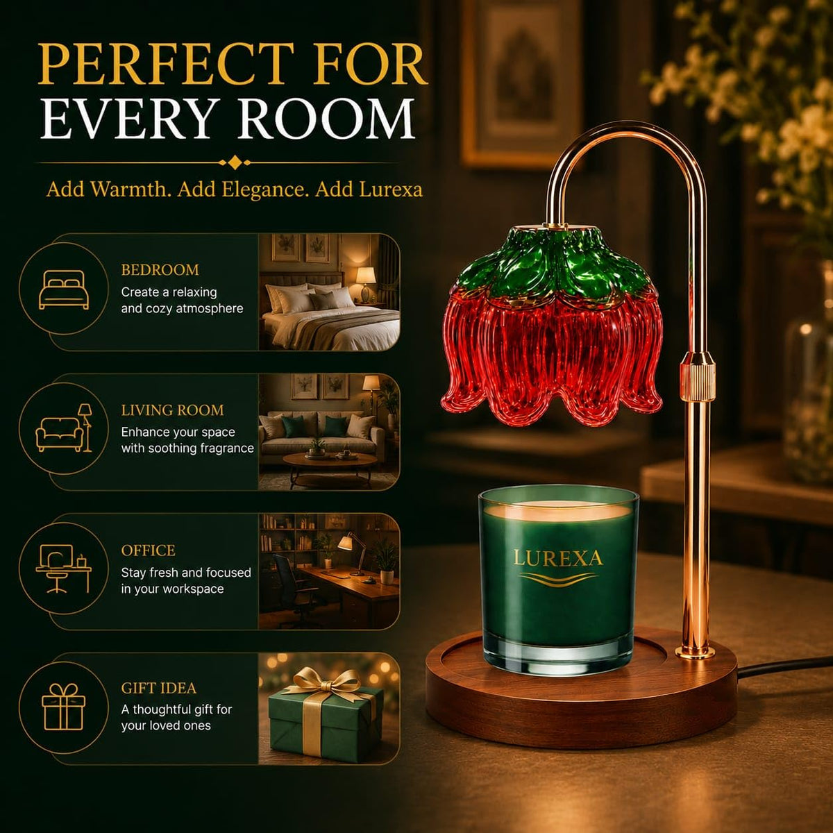 Adjustable Height Candle Warmer Lamp with Timer & Dimmer, Glass Lotus Wax Warmer, 2 GU10 50W Bulbs, Wooden Base T94050