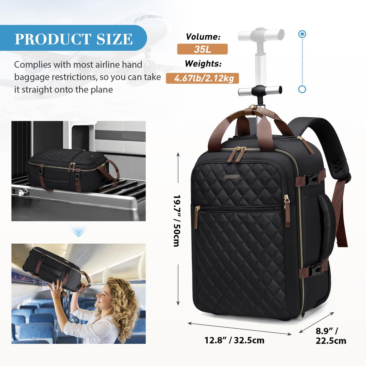 Black Rolling Laptop Backpack with Wheels K44070