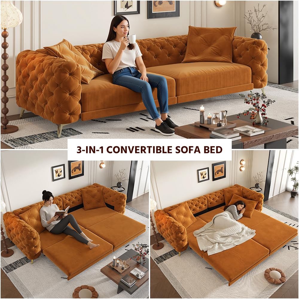 Velvet Pull Out Sofa Bed King with Ottoman P1419