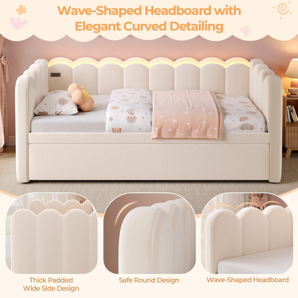 Beige Twin Velvet Upholstered Daybed with Pop Up Trundle T232