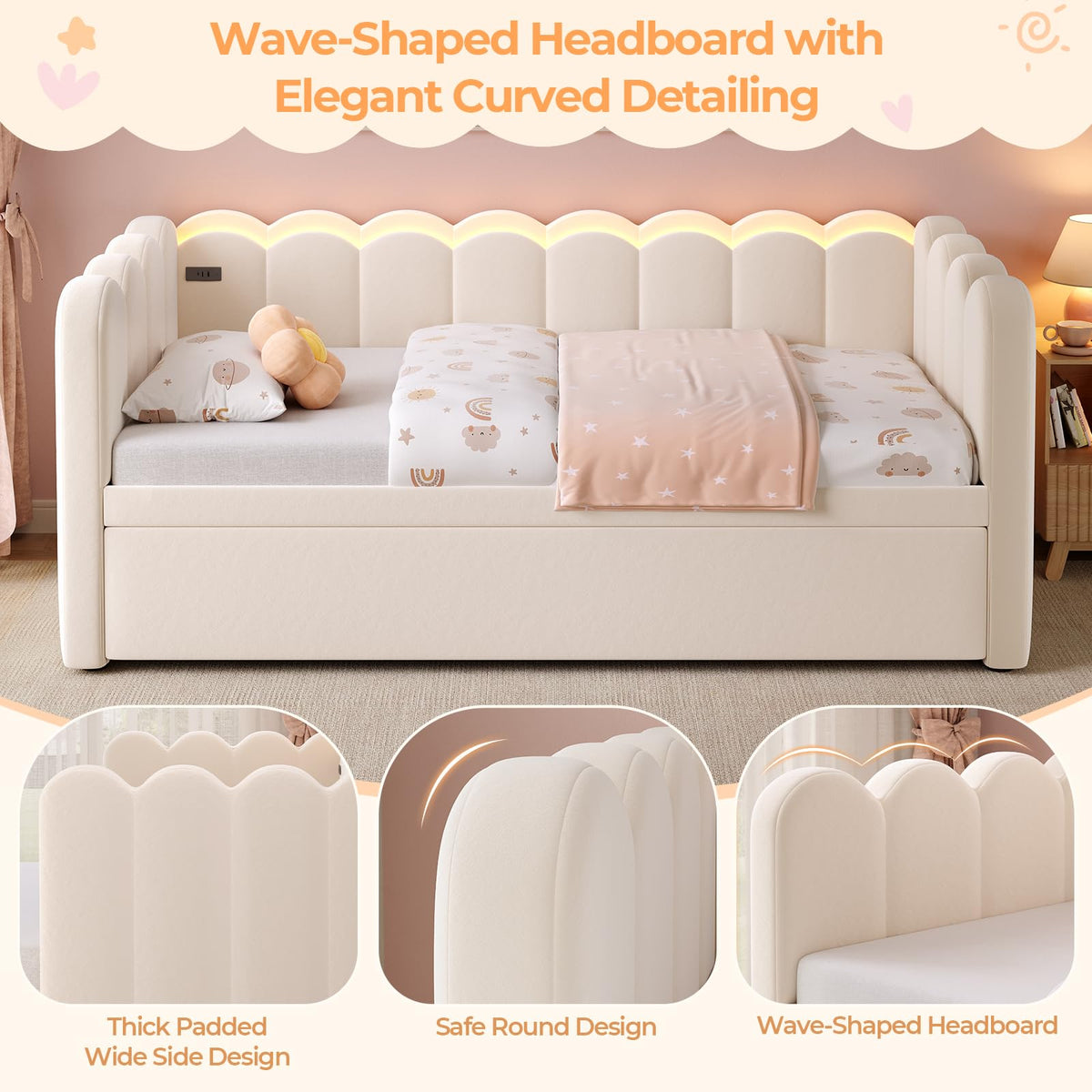 Beige Twin Velvet Upholstered Daybed with Pop Up Trundle T232