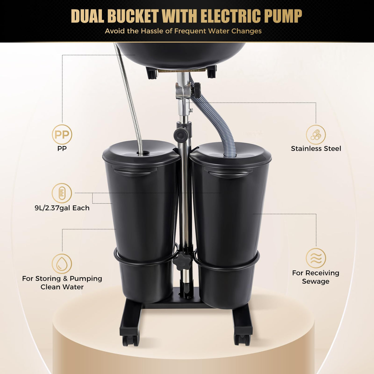 Portable Shampoo Bowl with Electric Pump, Adjustable Height Hair Washing Station with 2 Bucket X413