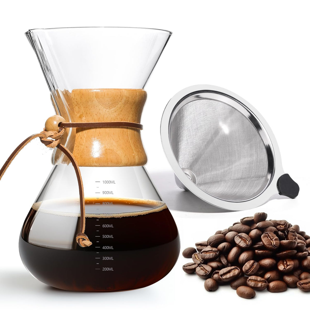 34 OZ Borosilicate Glass Pour Over Coffee Maker with Reusable Stainless Steel Filter U454244