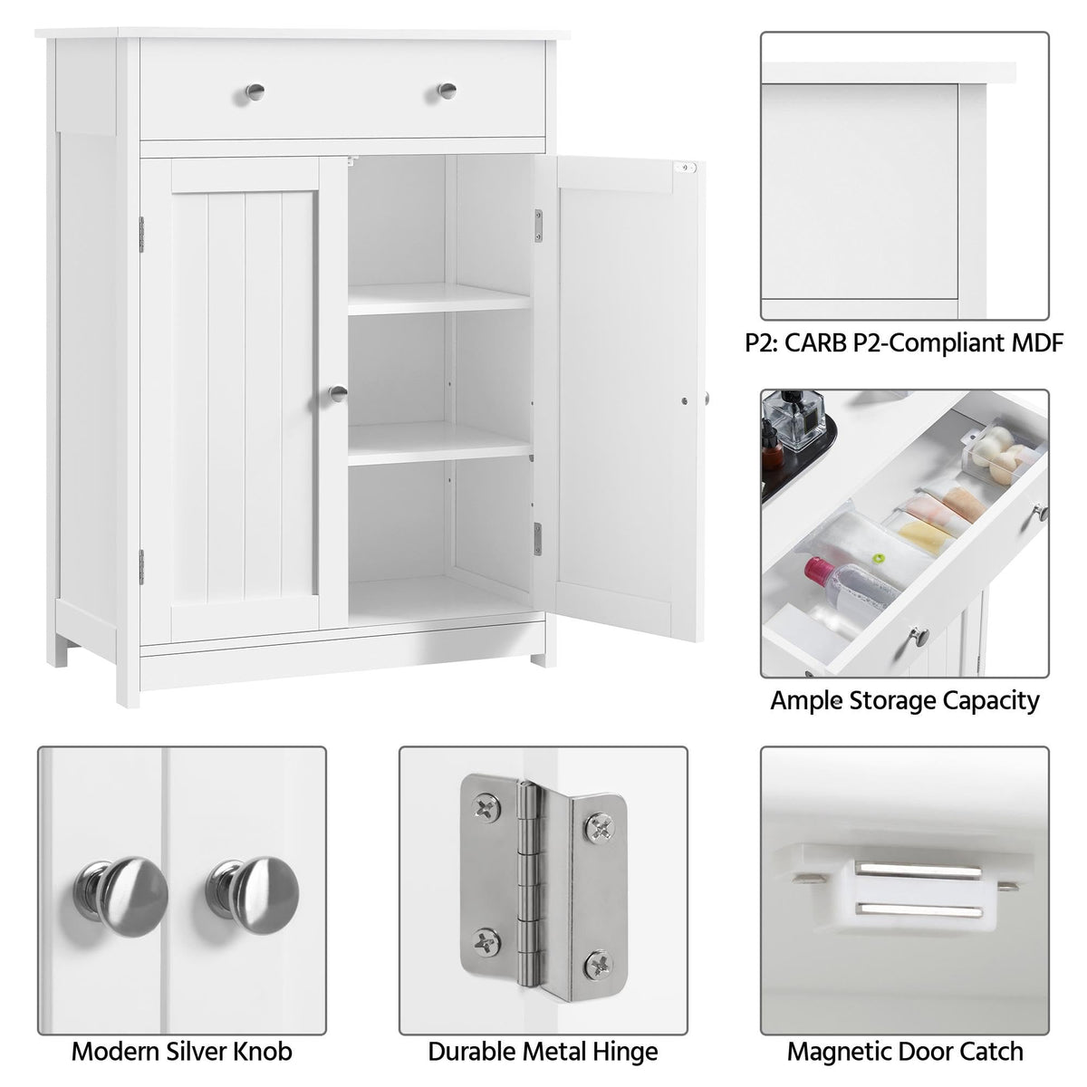 White Bathroom Storage Cabinet with Drawer and 2 Doors W99107