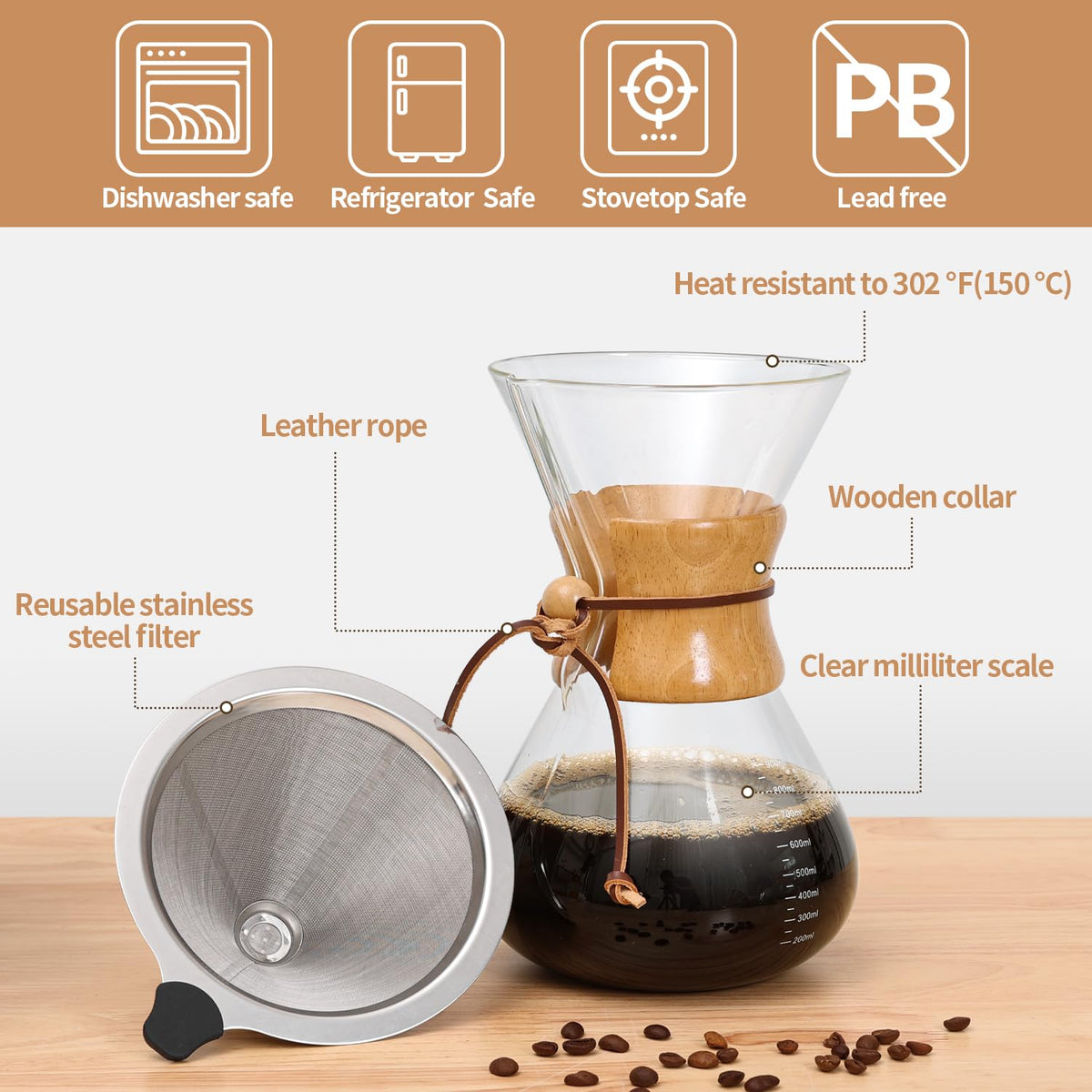 34 OZ Borosilicate Glass Pour Over Coffee Maker with Reusable Stainless Steel Filter U454244