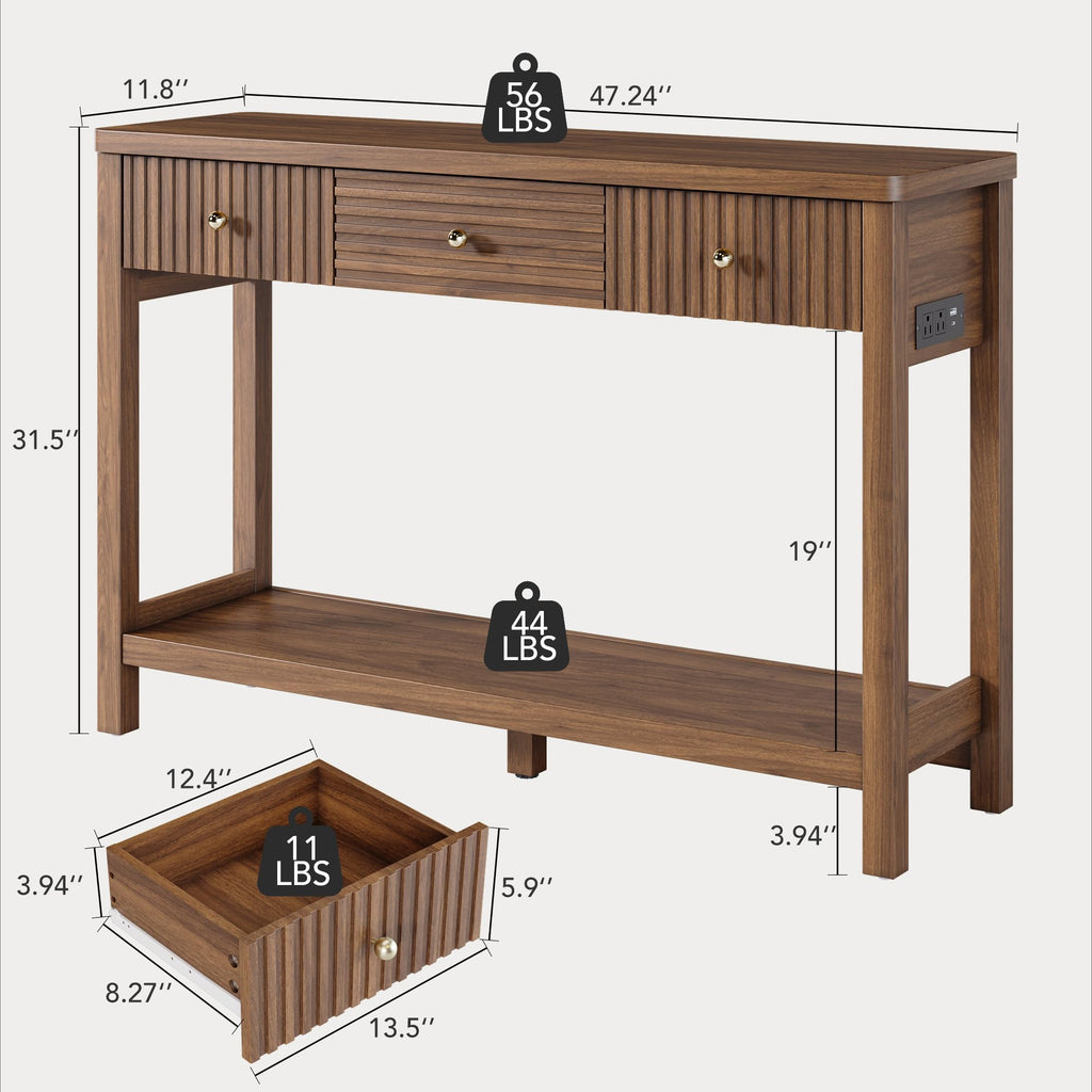 47'' Fluted Console Table with Charging Station & 3 Drawers J1746