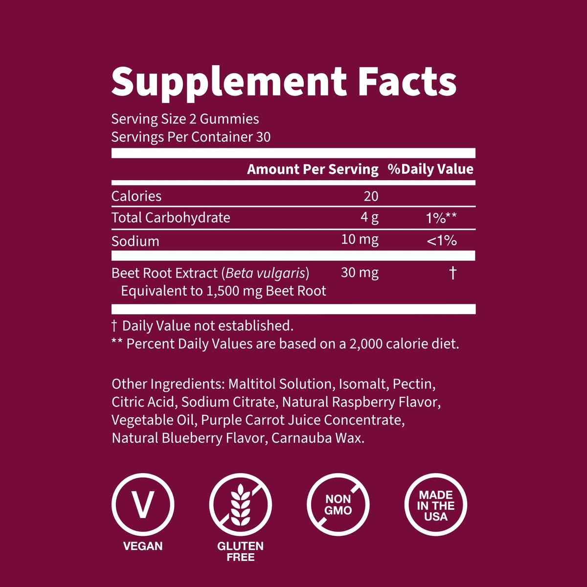 Sugar Free 1500 mg Blueberry Flavor Beet Root Gummies, 60 Ct X1829