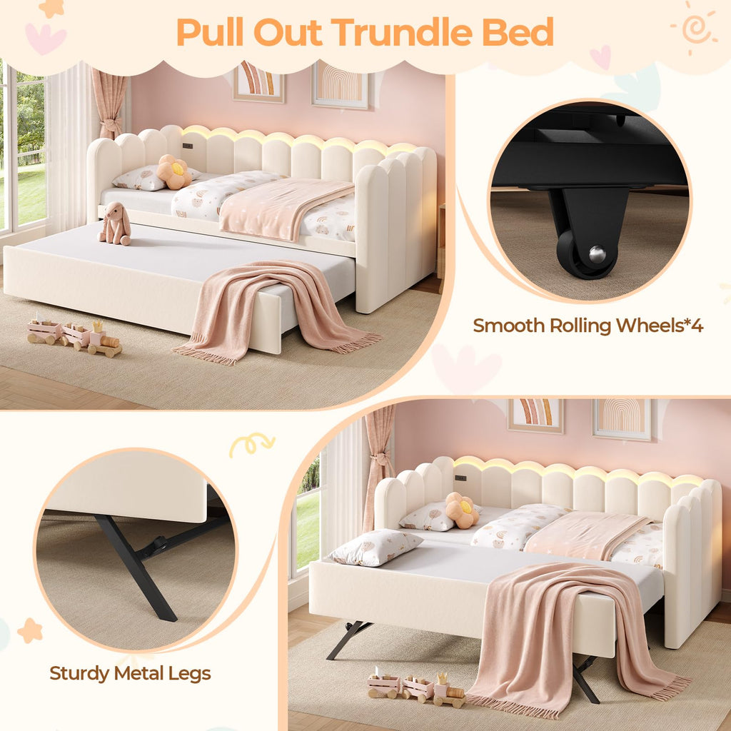 Beige Twin Velvet Upholstered Daybed with Pop Up Trundle T232