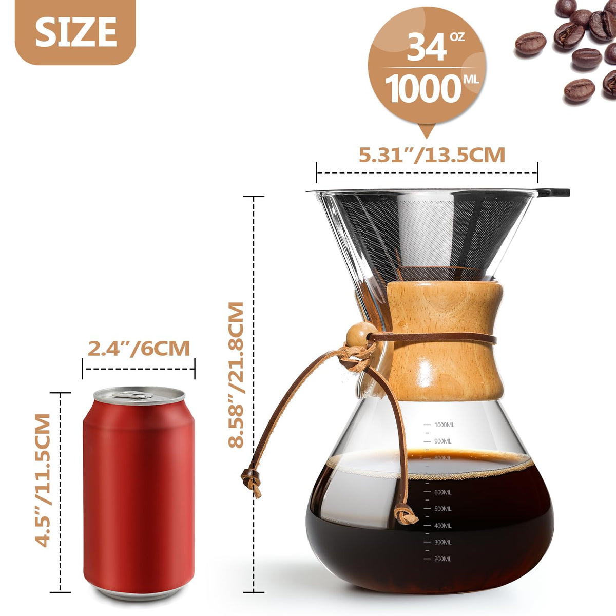 34 OZ Borosilicate Glass Pour Over Coffee Maker with Reusable Stainless Steel Filter U454244