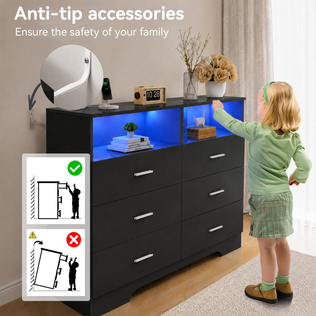 Black 6 Drawer Wood Dresser with Power Outlets H6231